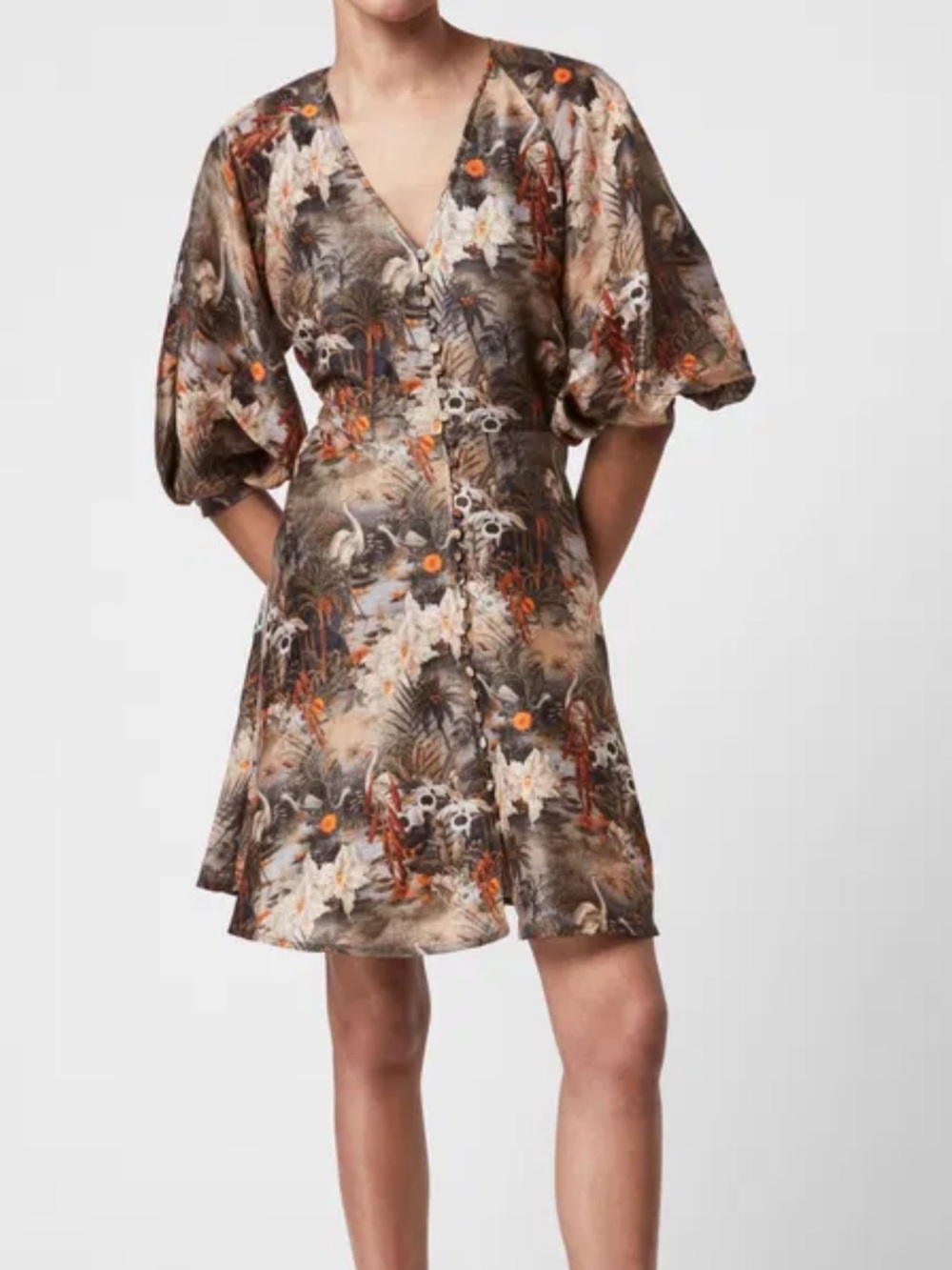 All Saints Brown Floral V-Neck Puff-Sleeve Mini Dress (Cute with boots 👢)